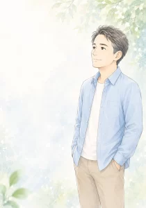 Illustration of a man with short dark hair in a light blue shirt and beige pants, standing with hands in pockets, looking upward, against a soft, leafy background.